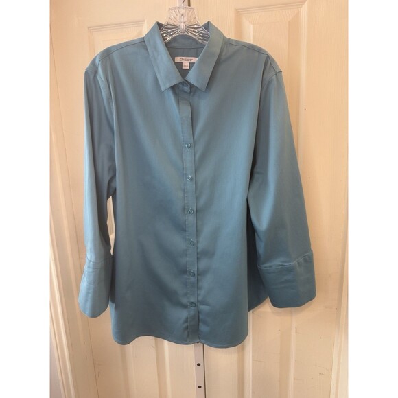 Chico’s 3 (16) Teal Button Up Shirt Women’s Stretch Cotton Blend Long Sleeve - Picture 1 of 6